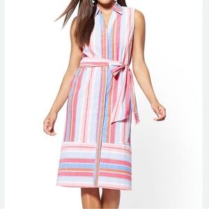 New York & Co. Cotton Stretch Pink & Blue Striped Sleeveless Shirtdress Size Med
